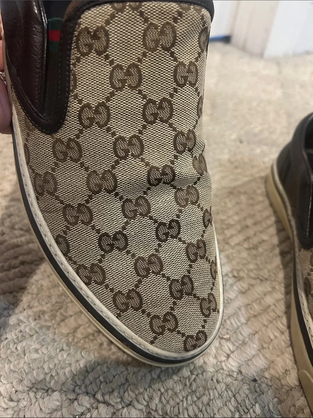 Gucci Beige Brown GG Canvas Slip-On Loafer with Dark Brown Trim